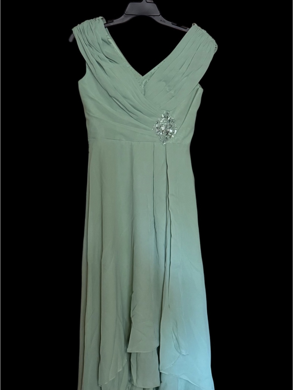 Sage Green V-Neck Maxi Dress with Crystal Brooch